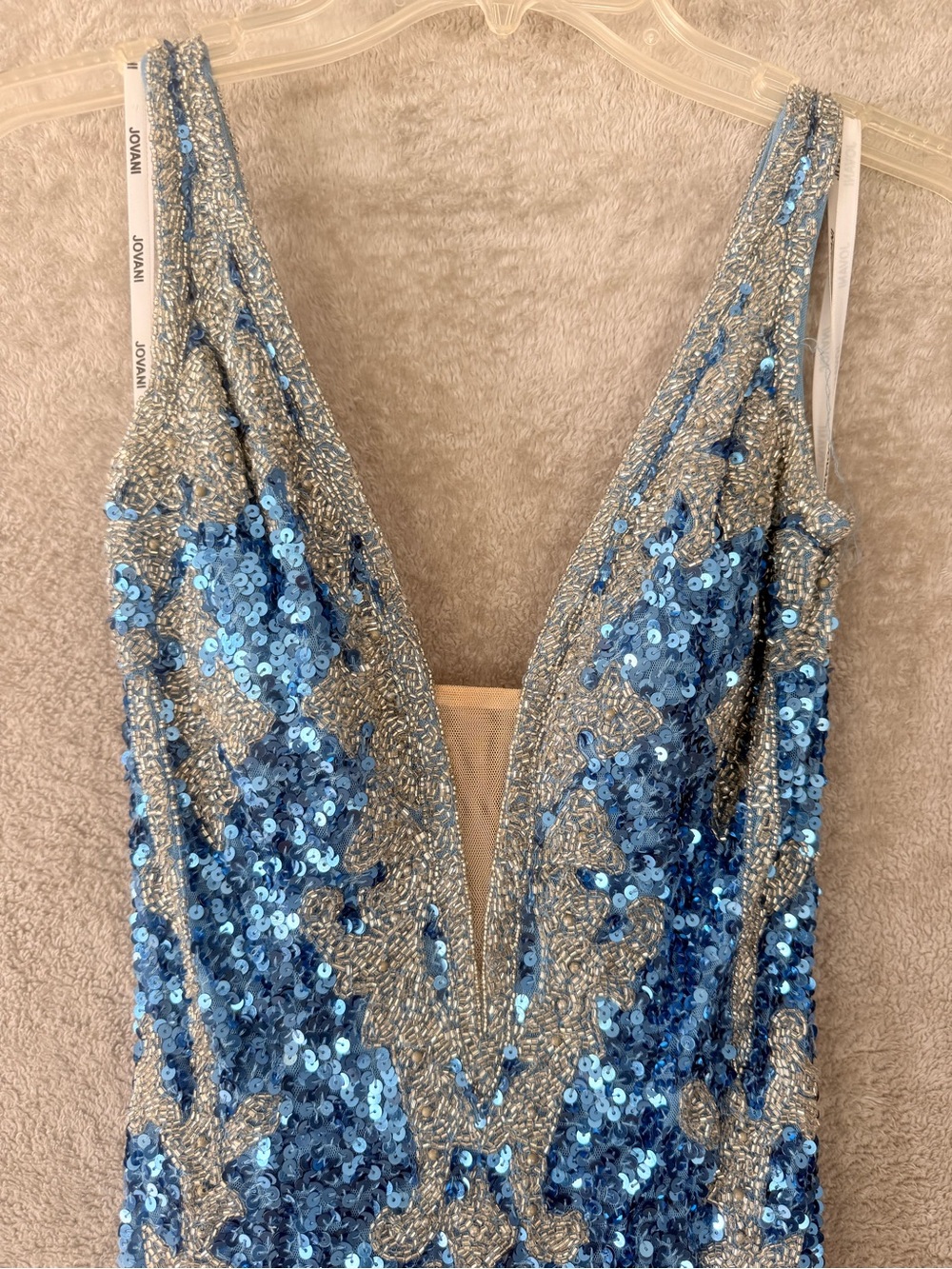Jovani Blue Silver Sequin Fringe One-Shoulder Dress Sz 0 - Picture 4 of 16